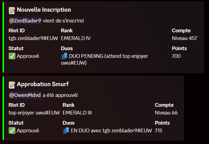 Fiches Discord confirmant une inscription et la formation d’un duo