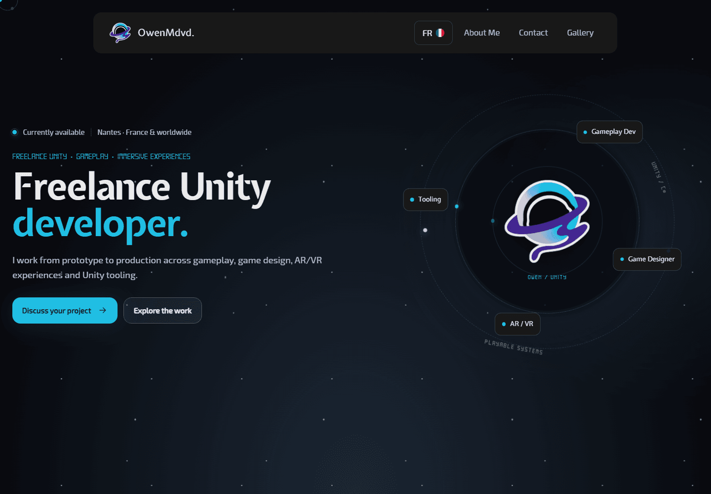 Homepage actuelle du portfolio Unity OwenMdvd